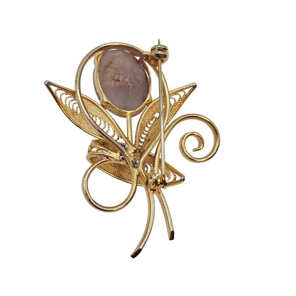 Gold Toned Filgree Flower Shaped Swirled Amethyst/Purple Quartz Fashion Brooch - Picture 11 of 12